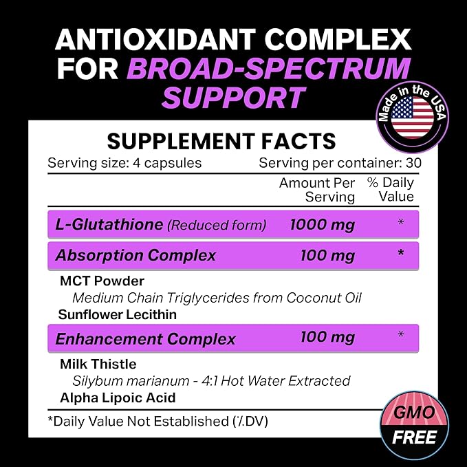 1000mg Glutathione for Immune Support - 100mg Absorption Complex - Reduced Liposomal Glutathione Supplement with Alpha Lipoic Acid - Brain Booster, Glowing Skin, Liver Support (Pack of 2)