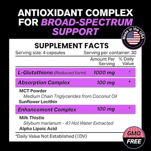 1000mg Glutathione for Immune Support - 100mg Absorption Complex - Reduced Liposomal Glutathione Supplement with Alpha Lipoic Acid - Brain Booster, Glowing Skin, Liver Support (Pack of 2)
