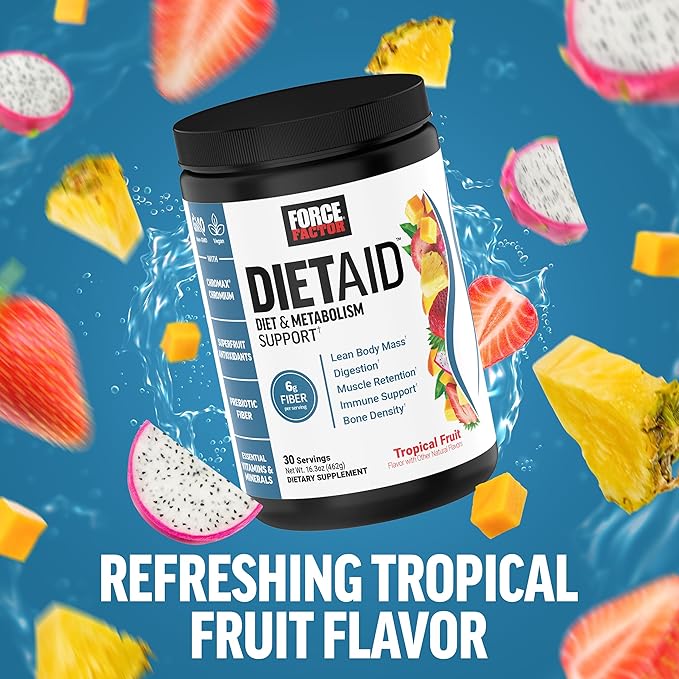 Force Factor Diet Aid Powder, Metabolism Booster & Diet Support Supplement for Lean Body Mass with 15x More Absorbable Chromium, Refreshing & Delicious, Tropical Fruit, 30 Servings