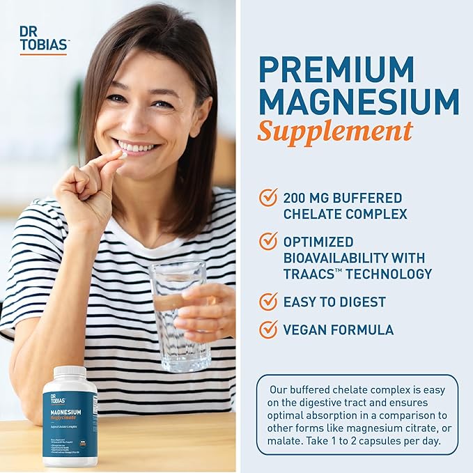 Dr. Tobias Magnesium Bisglycinate - High Absorption Magnesium Buffered Chelate Complex 200 mg per Capsule | Supports Energy, Muscle, Bone & Joint Health - Non-GMO Magnesium Supplement, 120 Capsules