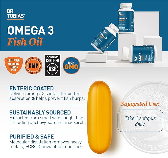 Dr. Tobias Omega 3 Fish Oil 2000mg Triple Strength with 800mg EPA 600mg DHA Per Serving | Fish Oil Omega 3 Supplements for Heart Brain & Immune Support - 180 Softgels (90 Servings)