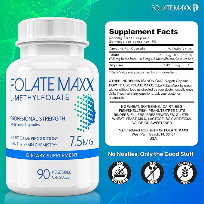 L Methylfolate 7.5mg – Methylfolate Supplement for Women & Men – High Potency Methylated Vitamin B9 5-MTHF for Energy, Mood & Focus – Non-GMO, Gluten-Free, 90 Capsules (3-Month Supply)