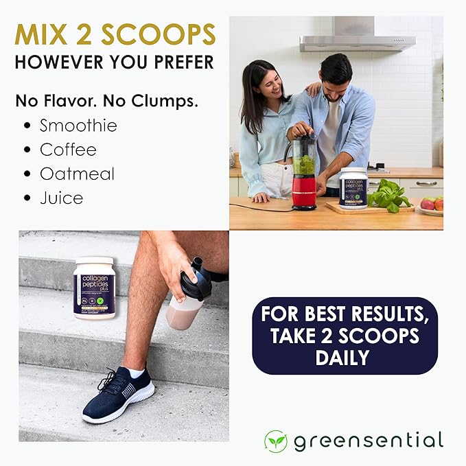 Greensential Collagen Peptides Plus Powder 21oz | + Acerola Vitamin C & Hyaluronic Acid | 100% Hydrolyzed Grass-Fed | Hair, Skin, Nail & Joint Support | Easy to Mix, Unflavored, 28 Servings