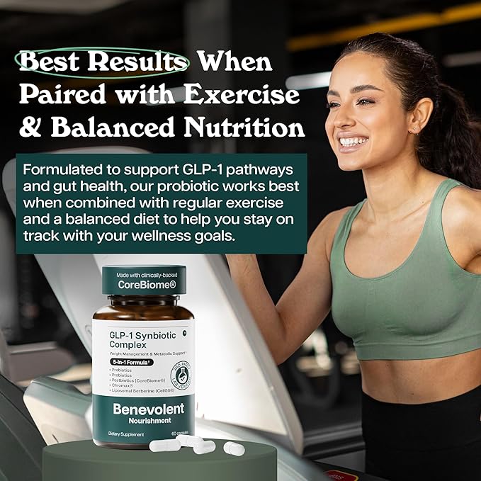 Benevolent Glp-1 Support | 5-in-1 Synbiotic with Akkermansia, MetSyn®, Chromax® & Liposomal Berberine | Natural GLP 1 Probiotics Supplement for Weight Management & Metabolic Balance, 60 Ct