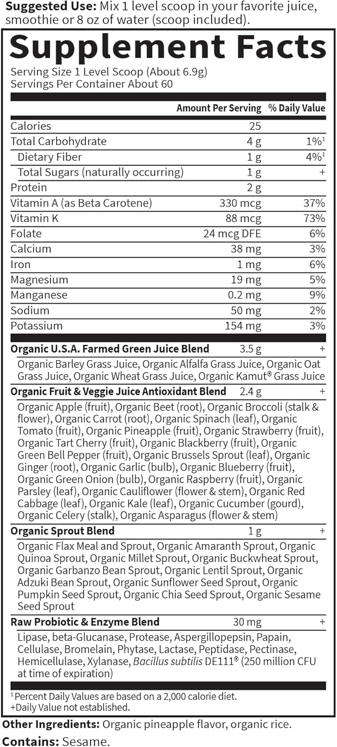 Garden of Life Super Greens Powder Smoothie & Mix, Probiotics & Digestive Enzymes for Digestive Health, Organic Superfoods Nutrition Fruit and Vegetables for Women & Men Energy, Original, 60 Servings