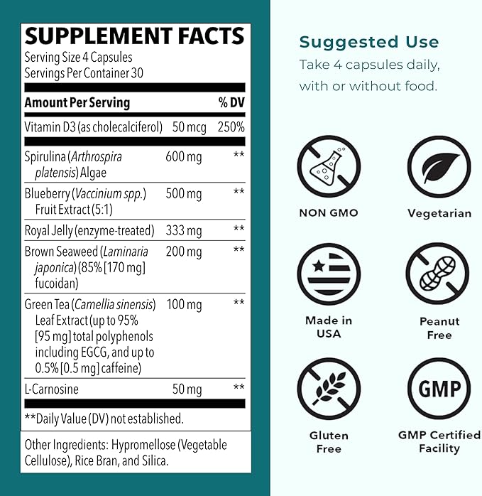 LifeSeasons Stem Boost-R - Stem Cell Support - Naturally Repair Damaged Tissue - Vitamin Supplement Rich in Antioxidants - Royal Jelly, Spirulina, Blueberry, Brown Seaweed & L-Carnosine - 120 Capsules