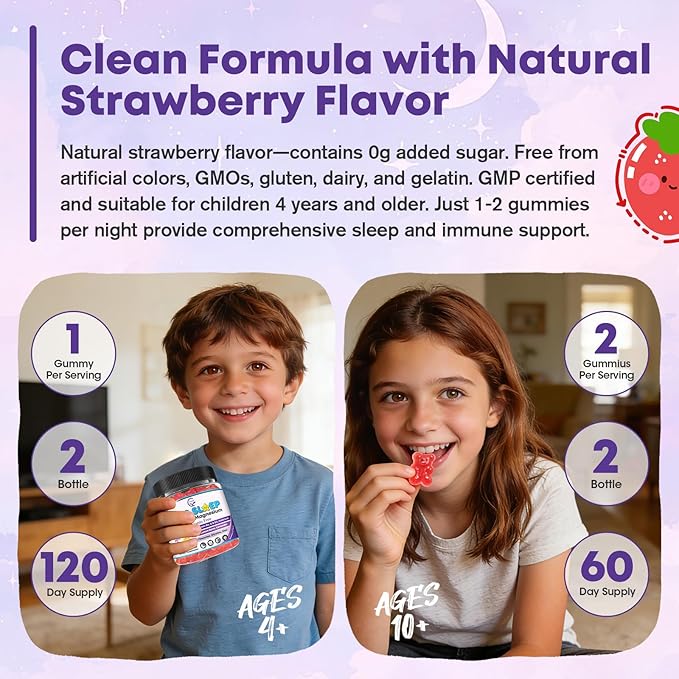 Kids Sleep Gummies, Magnesium Bisglycinate 100/200 mg + 200/400 mg Calcium Citrate for Kids 4+, w/L-Theanine, B6, Zinc, D3K2 & GABA, Lemon Balm, Chamomile Extract for Zzz & Relax, Bone, Muscle -2 Pack