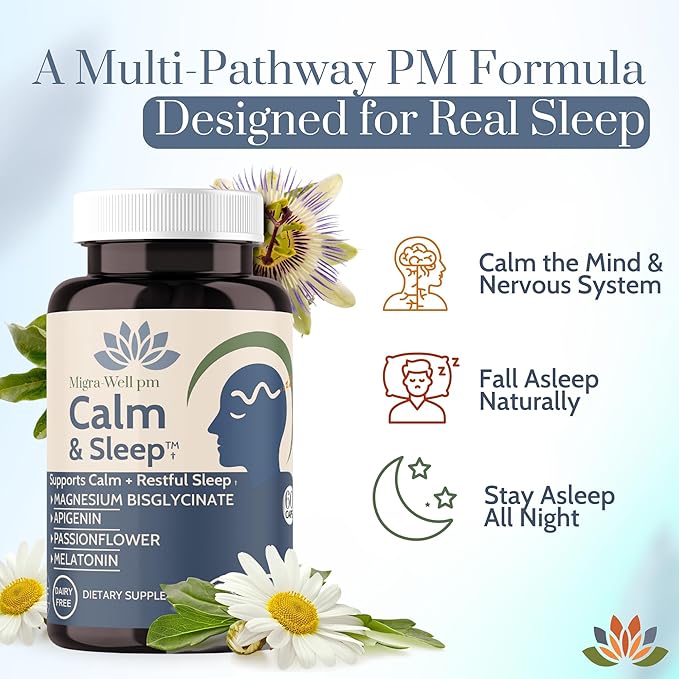 Migra-Well PM Sleep Aid for Adults – Magnesium Bisglycinate with Apigenin & Passionflower for Calm, Deep Sleep & Nerve Support – Non-Habit Forming, Plant-Based Sleep Supplement, 60 Capsules