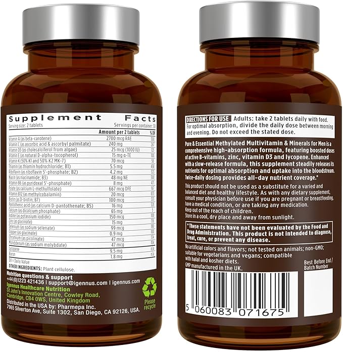 Igennus Methylated Men's Multivitamin with 22 Actives, Added Lycopene for Antioxidant Support, High Potency B12, Sustained Release, Pure & Clean, Non-GMO & Halal, 60 Tablets