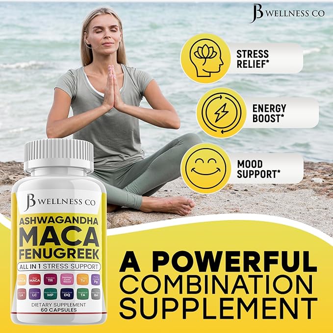 Ashwagandha Maca Root Fenugreek Supplement with Tongkat Ali Ginseng - Assists with Mood & Thyroid Health - Made in USA - 120 Count