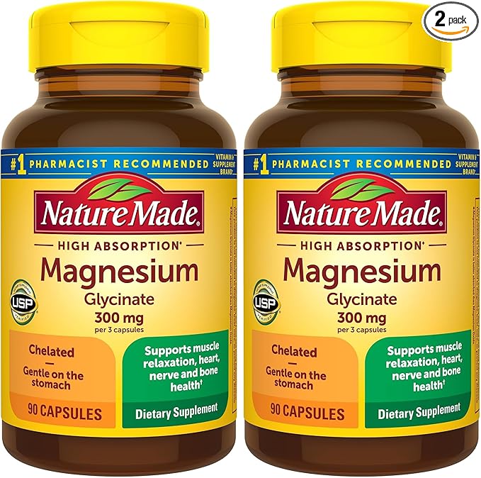 Nature Made High Absorption Magnesium Glycinate 300mg per 3 Capsules, Mg-Supplement for Muscle, Heart, Nerve and Bone Support, 90 Mg Bisglycinate Capsules, 30 Day Supply,(Pack of 2)
