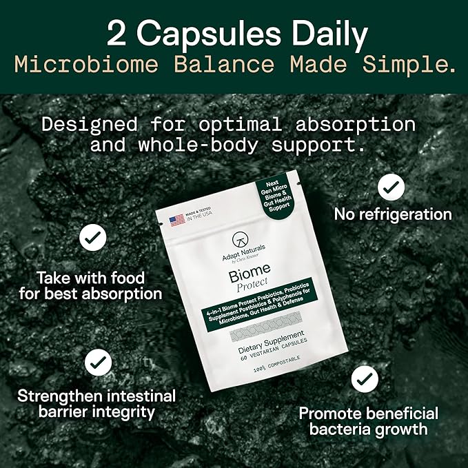 Adapt Naturals 4-in-1 Biome Protect Prebiotics, Probiotics Supplement Postbiotics & Polyphenols for Microbiome, Gut Health & Defense for Women & Men, 30 Day Supply