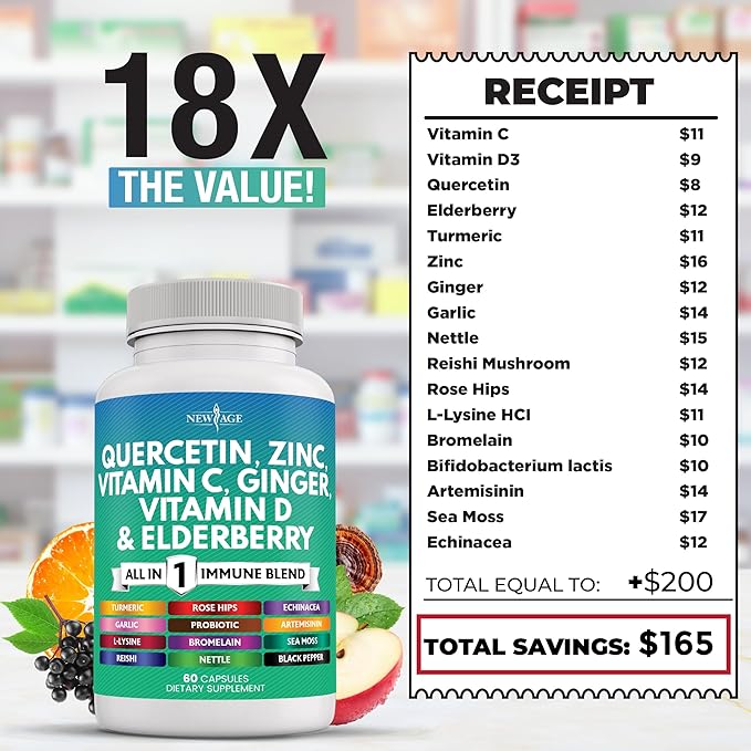 Quercetin Zinc Vitamin C Vitamin D Bromelain Elderberry - Nettle Supplement with Artemisinin, Sea Moss, Echinacea - 120 Count