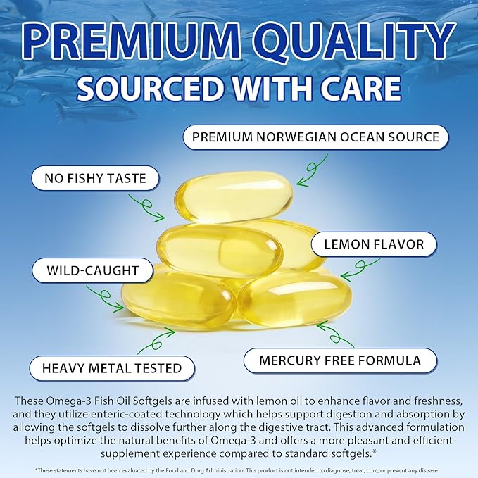 AIQIUSHA Omega 3 Fish Oil Supplements 4200mg – Triple Strength EPA DHA (1200/900), No Fishy Burps, Enteric Coated, Supports Heart, Brain, Joint Health, 240 Softgels