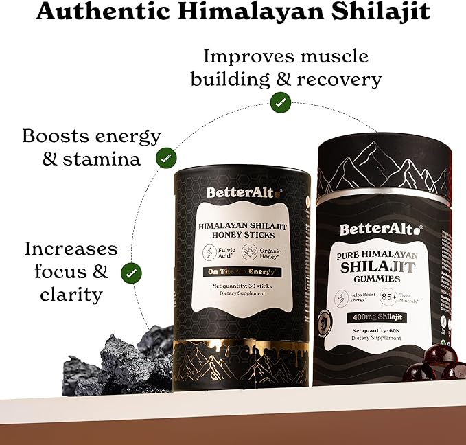 Better Alt Ultimate Power Up Duo | Shilajit Gummies + Shilajit Gold+ Honey Sticks | 3rd-Party Lab Tested | 1 Month Pack - Helps Boost Energy
