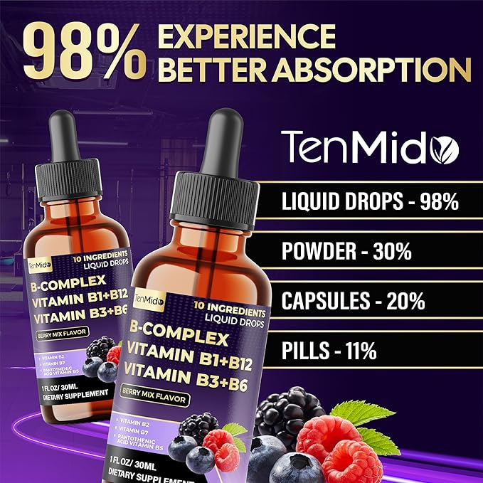 10in1 Vitamin B Complex Liquid Drops with B1 Thiamine, B12 Methylcobalamin, B2 Riboflavin, B3 Niacinamide, B5 Pantothenic Acid, B6 Pyridoxine, B7 Biotin and More - 30ml 1 Fl Oz