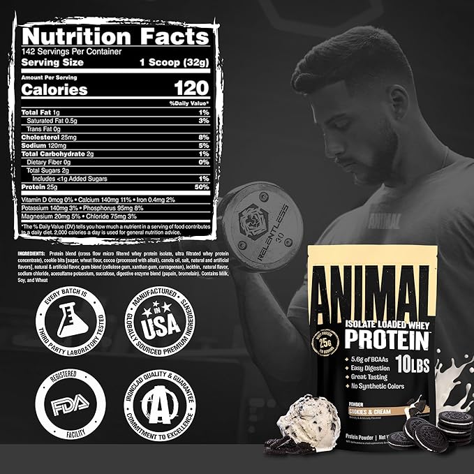 Animal Whey Isolate Protein Powder - Loaded for Pre & Post Workout Muscle Builder and Recovery with Digestive Enzymes for Men & Women - 25g Protein, Great Taste, Low Sugar - Cookies & Cream 10 lbs