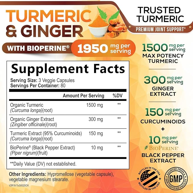 Turmeric Curcumin Supplement - 95% Curcuminoids with Organic Turmeric & Ginger, BioPerine Black Pepper Extract for Best Absorption, Natural Vegan Joint Support, Non-GMO, Bottled in USA - 240 Capsules