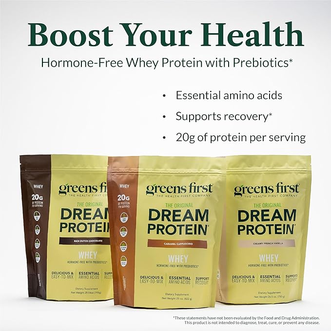Greens First Dream Protein Powder Whey - 20g Protein Per Serving - Hormone-Free with Prebiotics - Non-GMO - No Artificial Sweeteners/MSG/Aspartame (Caramel Cappuccino, 25 oz)