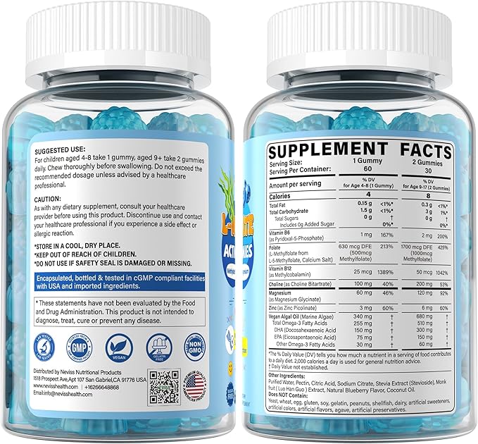 L Methylfolate 1000mcg for Kids Teens Gummies + Methyl B6 B12, Active 5-Mthf Methyl Folate, MTHFR Supplement w/ Choline Omega-3 Magnesium Zinc for Focus Cognition Mood Energy, Sugar Free, Vean, 120Cts