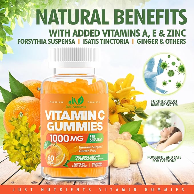 Vitamin C Gummies 1000mg – Chewable Multivitamin for Adults & Kids with Zinc for Immune & Collagen Support – Maximum Strength, Natural Orange Flavor – Gluten Free, Non-GMO, Vegetarian – 60 Gummies