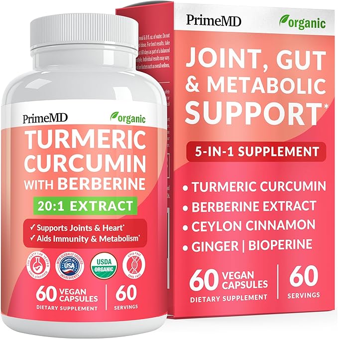 5-in-1 USDA Organic Turmeric Curcumin Supplement - 230mg with Berberine, Ceylon Cinnamon Bioperine and Ginger Supplements for Mobility, Digestion & Wellness Support, USDA Organic, 60 Servings, 1-Pack