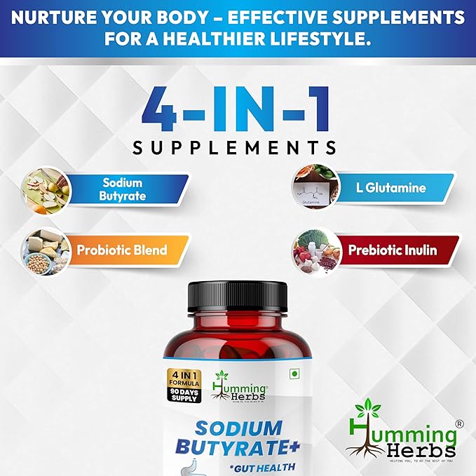 Humming Herbs Sodium Butyrate+ Capsules – 4-in-1 Digestive Support with L-Glutamine + Prebiotic Inulin + Probiotic Blend (10 Billion CFU) – Vegetarian (180)