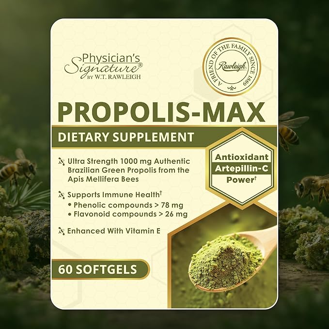 Rawleigh Propolis Max: 60 Vegetarian Softgels - Brazilian Green Propolis with Phenolic, Flavonoid & Artepillin C Compounds & Vitamin E - Supports Immunity, Wellness