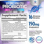 Probiotics for Digestive Gut Health - 100 Billion CFU Per Capsule, 16 Premium Strains & Prebiotics - Best Probiotics for Women & Men, Occasional Constipation, Gas, Immune Health Support - 60 Capsules