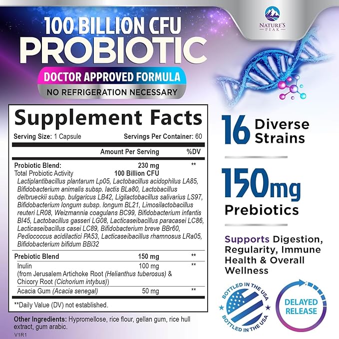 Probiotics for Digestive Gut Health - 100 Billion CFU Per Capsule, 16 Premium Strains & Prebiotics - Best Probiotics for Women & Men, Occasional Constipation, Gas, Immune Health Support - 60 Capsules