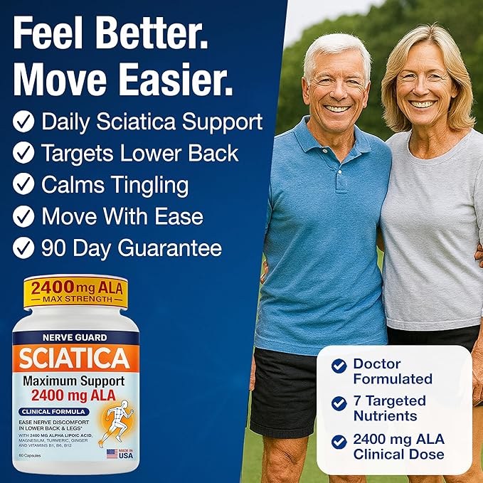 Sciatica Relief Supplement with 2400 mg Alpha Lipoic Acid – Maximum Strength Sciatic Nerve Support for Lower Back & Legs – 2400mg ALA, Vitamins, Magnesium, Turmeric & Ginger – 60 Capsules