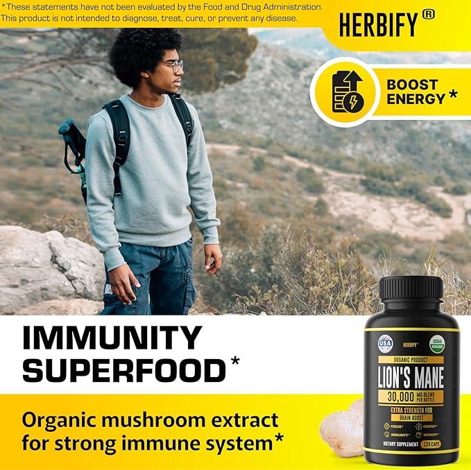 HERBIFY Lions Mane Supplement - Daily Mushroom Supplement for Memory, Focus & Clarity - Brain Booster - Lions Mane Capsules for Natural Immune Support - Vegan, Organic - 120 Capsules