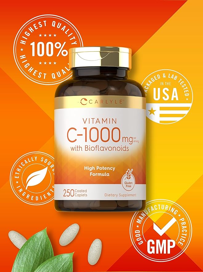 Carlyle Vitamin C 1000mg | with Rose Hips and Citrus Bioflavonoids | 250 Caplets | Vegetarian, Non-GMO, Gluten Free Supplement