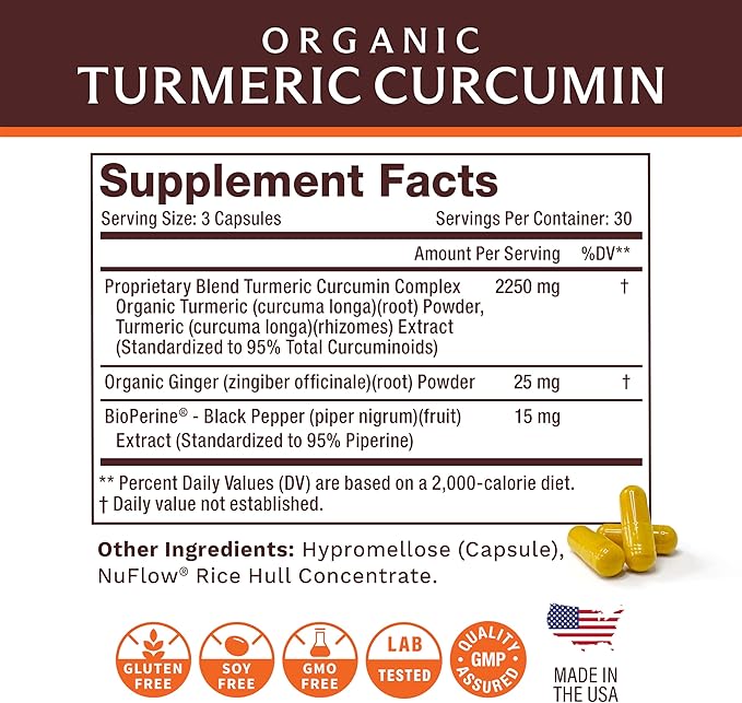 Life's Fortune Organic Turmeric Curcumin with Black Pepper and Ginger, Enhanced Absorption, Extra Strength Supplement, Joint & Immune Support, Non-GMO, 90 Cap - 2250mg