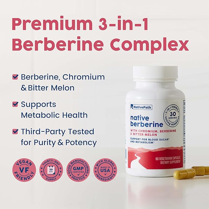 NativePath Native Berberine HCl 3-in-1 Complex with Chromium & Bitter Melon Extract - 500mg Premium Metabolic Support - 60 Capsules