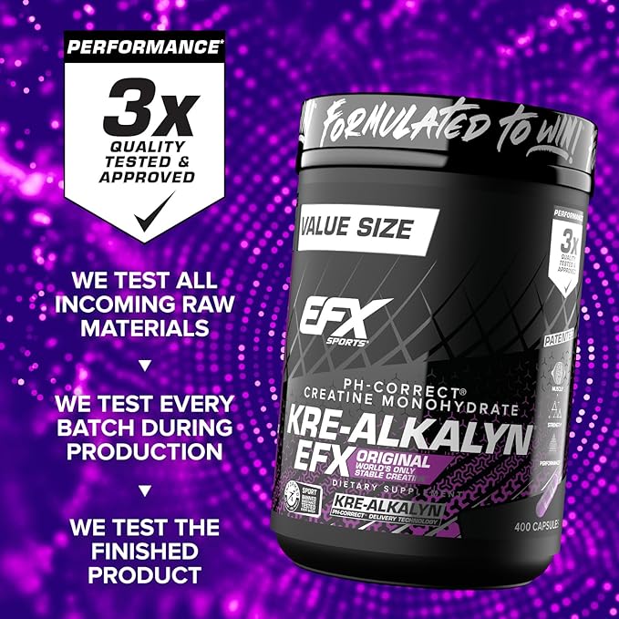 EFX Sports Kre-Alkalyn EFX | pH Correct Creatine Monohydrate Pill Supplement | Strength, Muscle Growth & Performance | 200 Servings, 400 Capsules