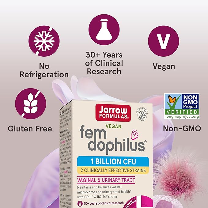 Jarrow Formulas Fem-Dophilus Vaginal Probiotics 1 Billion CFU with 2 Science-Backed Strains, Dietary Supplement for Vaginal & Urinary Tract Support, 30 Capsules, Up to a 30 Day Supply, Shelf-Stable