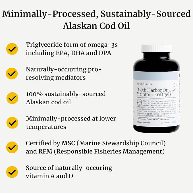 Big Bold Health Dutch Harbor Omega Maintain Softgels - Premium Alaskan Cod Liver Oil (120 Count) - Sustainably Sourced Omega-3 Supplement with EPA, DHA, DPA - Natural Vitamins A & D - MSC Certified