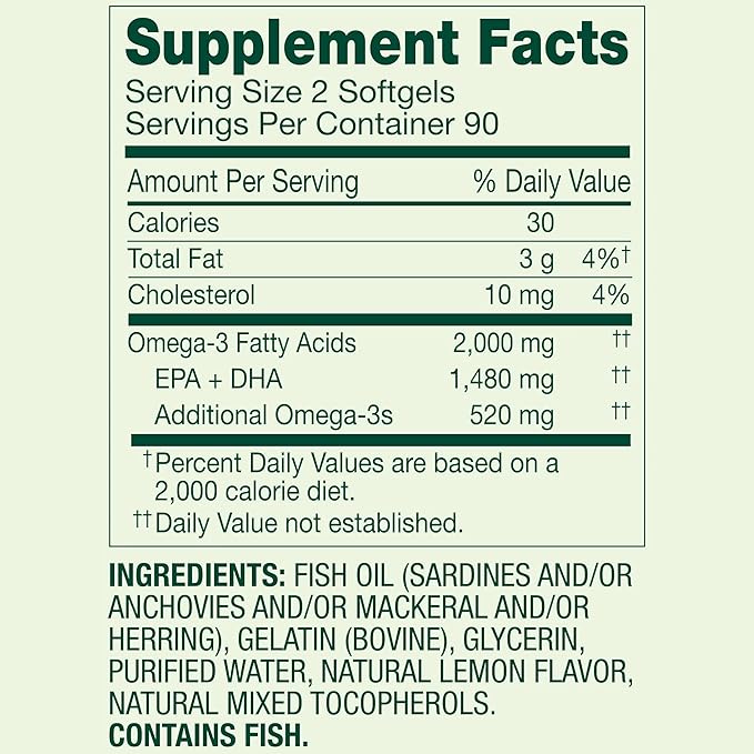SUREFECT Spring Valley Maximum Care Omega-3 2000mg Fish Oil - 180 Softgels - General Wellness & Cardiovascular Support* - High EPA/DHA (1480mg), Lemon Flavor Organizer.