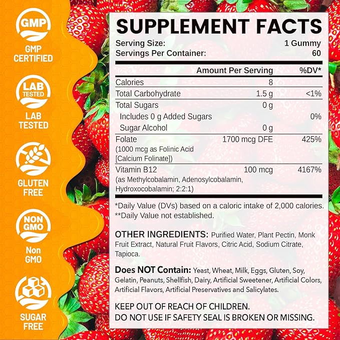 Folinic Acid Gummies for Kids & Adults, 1000 mcg Folate with Triple-Active B12 (Methyl, Adenosyl & Hydroxo), Bioactive Folic Acid, Gentle & Clean