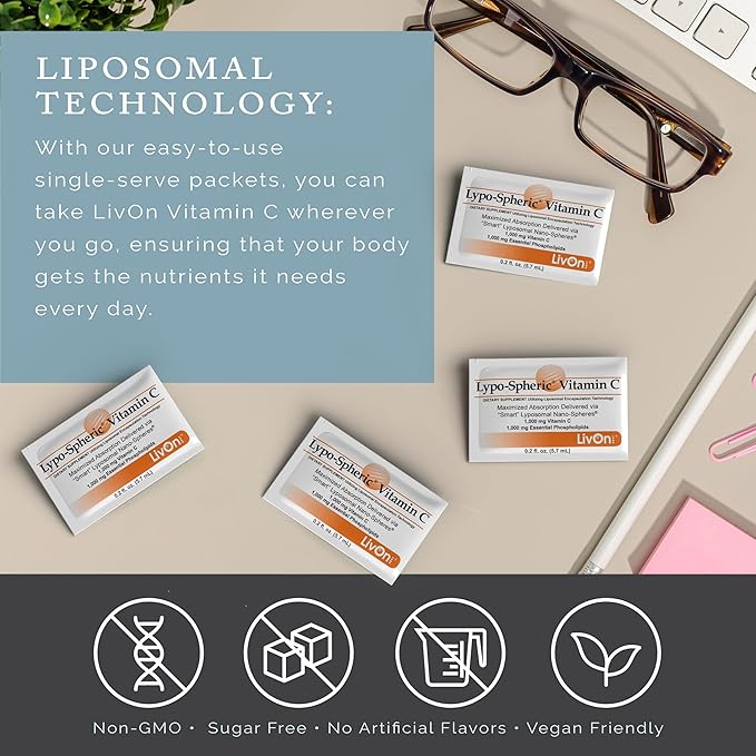 LivOn Laboratories Lypo–Spheric Vitamin C, 1000 mg Vitamin C & 1000 mg Essential Phospholipids Per Packet, Liposome Encapsulated for Improved Absorption, 100% Non–GMO, 1 Carton, 0.2 Fl Oz (Pack of 30)