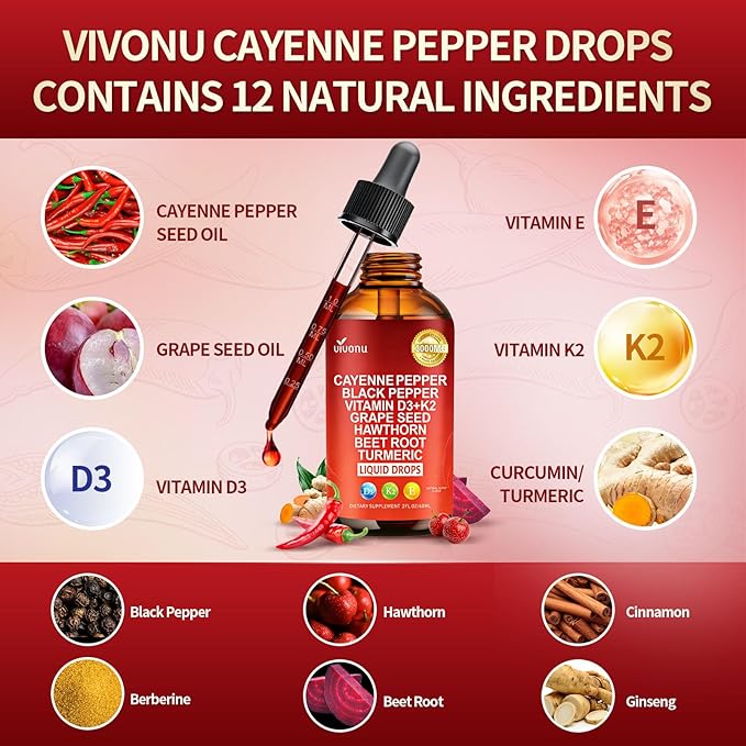 VivoNu Cayenne Pepper Softgels Supplement, Supports Leg Vein, Heart and Blood Vessel Health, with Vitamin E D3+K2 and Extracts of Grape Seed, Hawthorn, Beetroot, Berberine (Drops /3 Bottle)