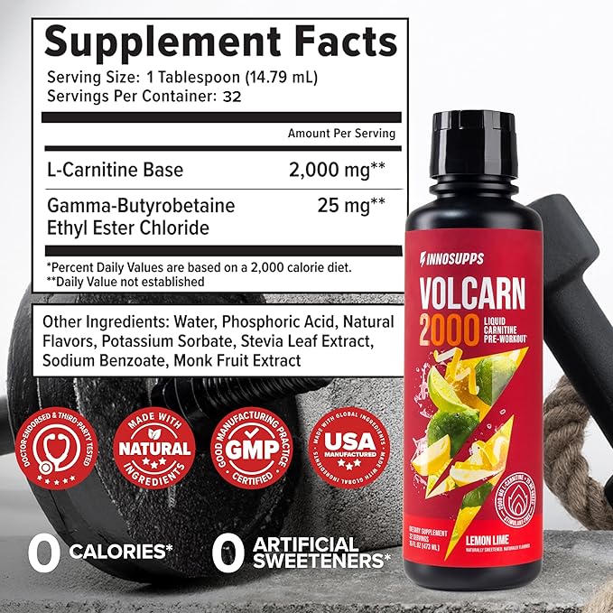 InnoSupps Volcarn 2000 - L-CARNITINE Advanced Energy Liquid | ATP Enhancer with GBEEC | Boosts Energy, Enhances Focus, Caffeine Free, No Artificial Sweeteners | 32 Servings (Lemon Lime)