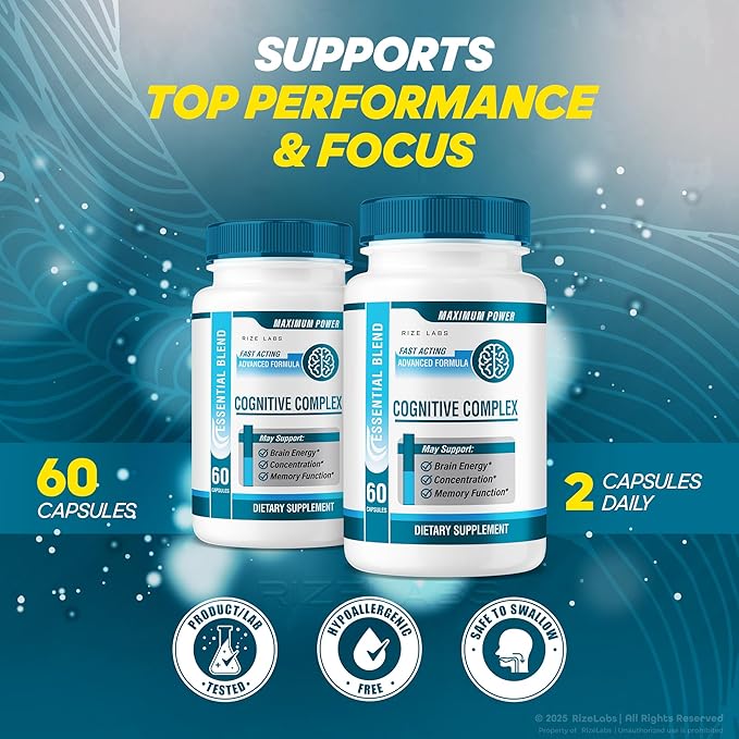 rize labs - Cognitive Complex Capsules – Daily Focus & Clarity Formula with a Balanced Blend for Alertness, Memory Support, and Everyday Wellness | Easy-to-Take Pills for Adults (180 Capsules)