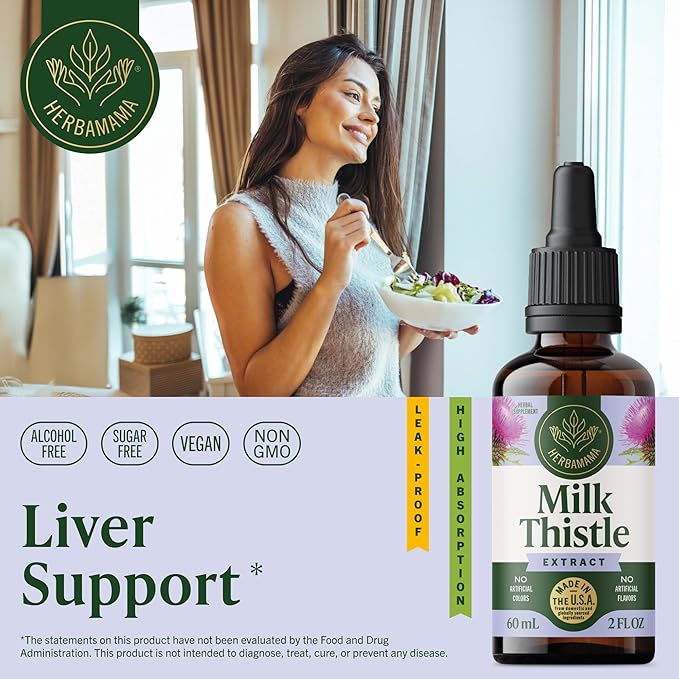 HERBAMAMA Milk Thistle Drops - Vegan Liver Support with Milk Thistle Extract Tincture - Non-GMO, Alcohol & Sugar-Free Liver Detox and Cleanse Supplement, 28-Day Supply