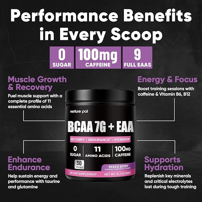 Sugar Free 7g BCAA + EAA Powder | Supports Muscle Recovery, Growth, Strength & Endurance – 9 Essential Amino Acids with L-Glutamine, Caffeine, Vitamin & Electrolyte for Energy & Hydration, Gluten Free