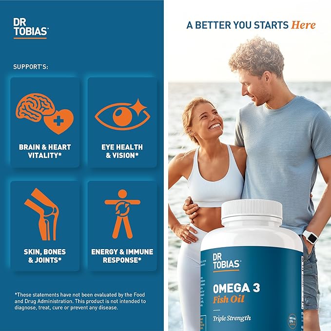 Dr. Tobias Omega 3 Fish Oil 2000mg Triple Strength with 800mg EPA 600mg DHA Per Serving | Fish Oil Omega 3 Supplements for Heart Brain & Immune Support - 90 Softgels (45 Servings)
