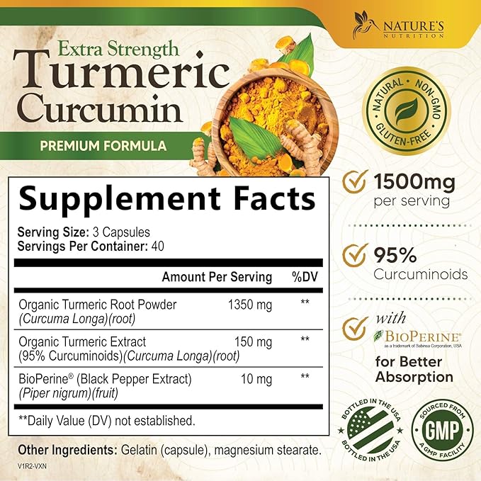 Turmeric Curcumin Supplement 1500mg - Organic Tumeric & BioPerine Black Pepper for Best Absorption with 95% Curcuminoids, Nature's Joint & Immune Support, Non-GMO, Bottled in USA - 120 Capsules