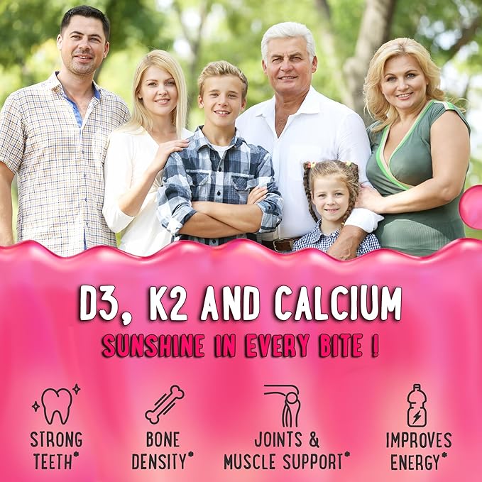 OH MY CHEWY Center-Filled Vitamin D3 K2 & Calcium Gummies - Supplement for Healthy Teeth, Bone & Energy - 5000 IU D3, 120 mcg K2(MK-7), 120 mg CA - Vegan & Non-GMO - 120 Count