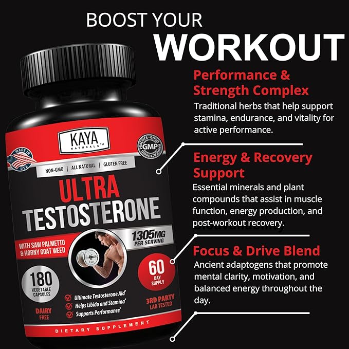 Kaya Naturals UltraTest- Men's T Booster with Tongkat Ali, Horny Goat Weed, Tribulus - Natural Workout Supplement for Energy, Stamina, and Strength Booster - 180 Count